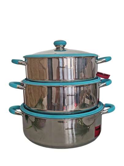Juego de arroceras RÖZE Jumbo 6 pzs acero inoxidable reforzada grado quirúrgico con tapas irrompibles, mangos de silicona, 30, 32 y 34 cm. apta para todo tipo de estufas. ALTA CALIDAD Y DURABILIDAD