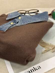 韩版牛仔拼布针织套头衫，女款，秋冬 - 咖啡棕 - 查看 9