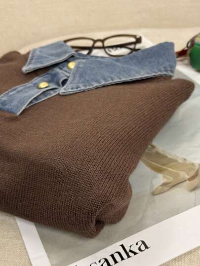 Jersey de punto con parches de mezclilla estilo coreano para mujer, otoño/invierno