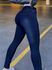 Womens Classic High Waisted Skinny Stretch Curvy Butt Lifting Jeans Slim Fit Denim Pants - 深色水洗藍 - 查看 2