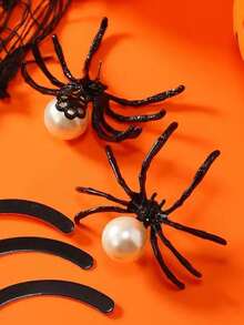 2入組優雅萬聖節主題黑色仿珍珠蜘蛛和昆蟲吊墜耳環,時尚女性日常佩戴