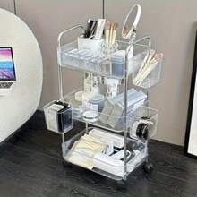 4-Tier Transparent Storage Cart - 360° Swivel Casters, Easy No-Tool Assembly, Space-Saving For Home, Office, Kitchen, Bathroom Multi-Purpose Organizer - Cosmetics, Snacks, Books, Tools Storage, Sturdy Frame Design, Durable Construction, Home Organization Essential - Multicolor - View 4