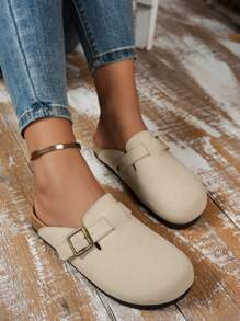 女式 2025 新款夏季平底金属扣复古百搭穆勒拖鞋，时尚休闲轻便舒适一脚蹬露背凉鞋 - 米色 - 查看 3