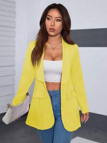 A&DD MODA, REF: 4043 - Women's Tailored Blazer, Maxi Long, Puff Sleeves, Classic Lapel Collar, Fitted And Elegant, Modern Formal Blazer, Sophisticated Piece, Slim Fit Design, Front Buttons, Chic And Casual Look, Ideal For Events And Work, Fashionable Women's Suit, Haute Couture - 黃色 - 查看 6