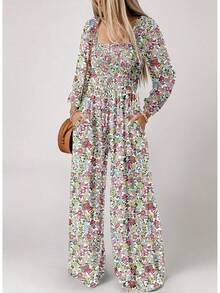 Women's Casual Loose Overalls Jumpsuits Long Sleeve Printed Wide Leg Long Pant Rompers With Pockets - màu xanh lá - Xem 5