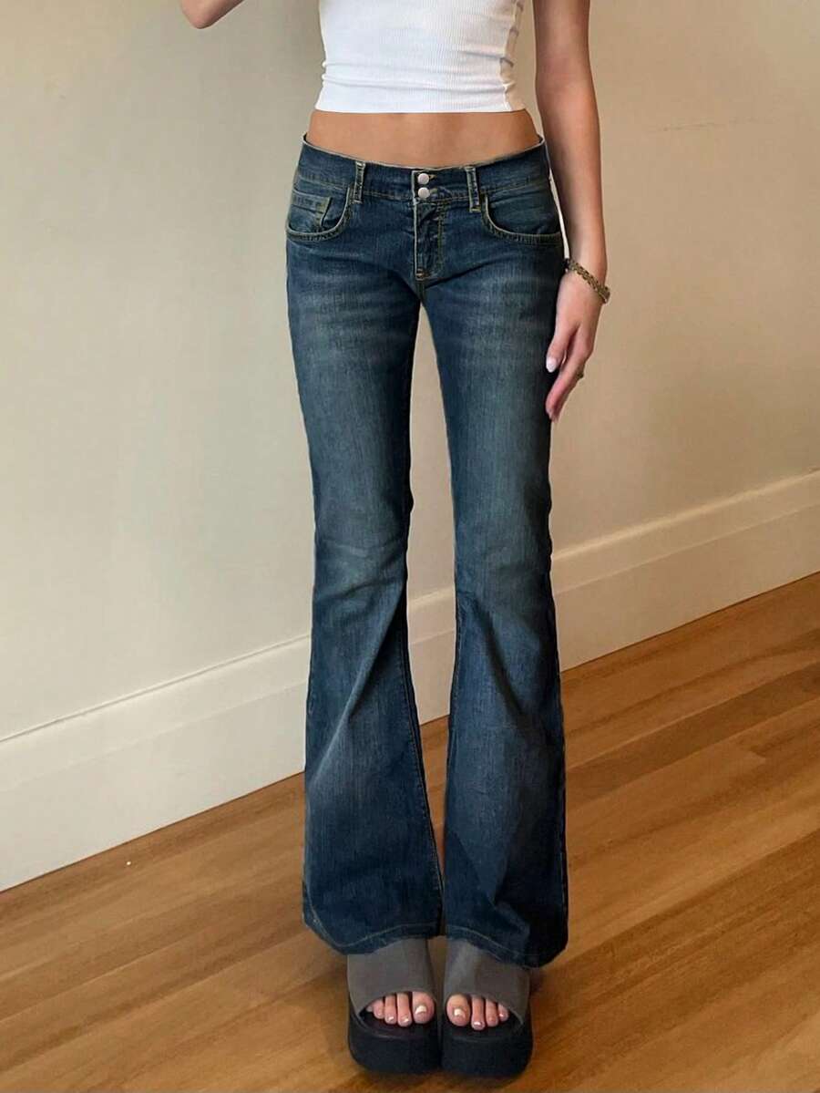 European & American Y2K Street Fashion Tight Low-Waist Flare Leg Jeans - Dark Wash - View 1