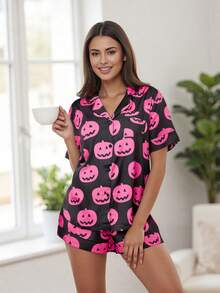 Women 2 Piece Halloween Outfit Shorts Set Halloween Pajama Set Pumpkin Print Short Sleeve Button-Up Tops Elastic Waist Shorts Sleepwear - Black - View 4