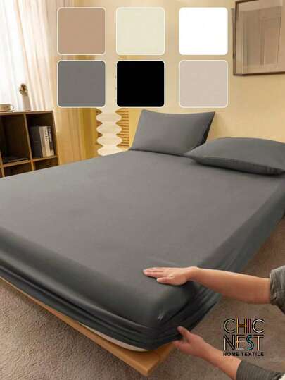 1pc Solid Color Dark Grey Fitted Sheet, Mattress Protector, Mattress Cover For Bed, Bed Sheet, Soft And Breathable, For All Size Bed -Twin, Full, King, Queen Size Sheet Deep Pocket Up To 11.8 Inch Home Textile