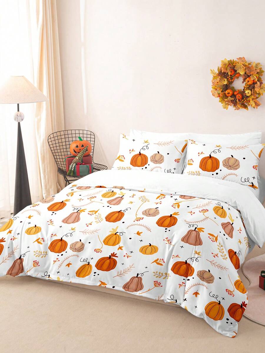 Bộ 3 vỏ chăn in kỹ thuật số hình quả bí ngô lá phong Halloween (1 vỏ chăn & 2 vỏ gối) Bộ chăn ga gối mềm mại và thân thiện với da cho gia đình, Bộ ga trải giường bốn mùa Quà tặng Halloween - Nhiều màu - Xem 1