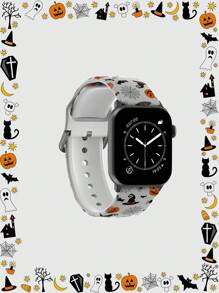 1pc Black Hat & Pumpkin Soft Elastic Breathable Comfortable Wristband Replacement Watch Band Compatible With Samsung, Huawei, Garmin, Honor Smartwatches, Compatible With Apple Watch 38mm 40mm 41mm 45mm 44mm 42mm 49mm, Fashionable Casual Multi-Color Silicone Watch Compatible With Samsung, Huawei, Garmin, Honor Smartwatches - Silicone Surface With Pattern Compatible With Huawei Watch 3/Galaxy, GT2/GT3 And Any Watch With 20/22mm Lugs