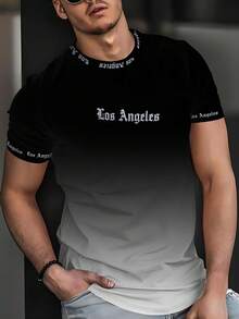 男士时尚洛杉矶字母渐变印花圆领短袖T恤，夏季 - 彩色 - 查看 2