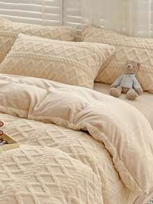 3pcs Cream Taffeta, Velvet, Crystal Velvet Soft Comfortable Duvet Cover Set, Suitable For Bedroom, Guest Room - Beige - View 9