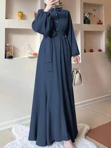Women's Solid Color Lantern Sleeve Button Half Placket Shirt Dress, Spring/Summer Elegant - Blue - View 3