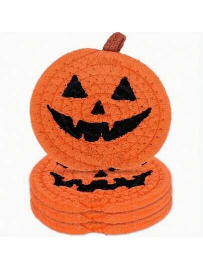 1 szt. Podkładka pod kubek w kształcie dyni na Halloween, ręcznie tkana, pomarańczowo-czarna, chłonna, do domu i biura, dekoracja na imprezę, 4,7 cala