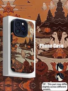 1pc Gothic Style Ghost & Maple Leaf Combination Striped Faux Leather Anti-Fall Anti-Fingerprint Shockproof Phone Case Compatible With Apple And Models