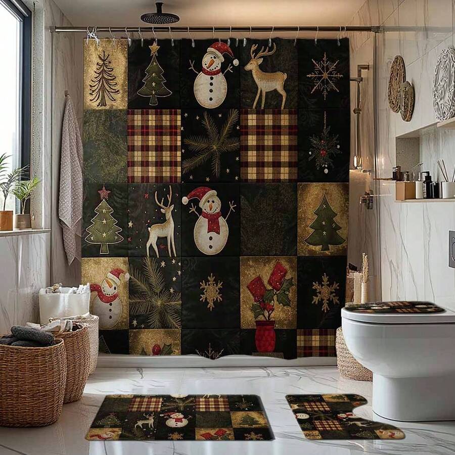 1/4 Stück abstrakte Kunst Stil Weihnachts Duschvorhang, wasserdicht, waschbar, strapazierfähiger Polyester Duschvorhang mit Haken für Badezimmer, Fitnessstudio, digitaldruck Badezimmer Dekoration