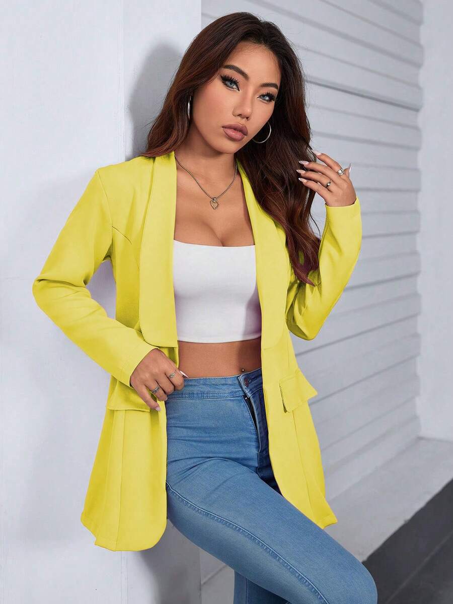 A&DD MODA, REF: 4043 - Women's Tailored Blazer, Maxi Long, Puff Sleeves, Classic Lapel Collar, Fitted And Elegant, Modern Formal Blazer, Sophisticated Piece, Slim Fit Design, Front Buttons, Chic And Casual Look, Ideal For Events And Work, Fashionable Women's Suit, Haute Couture - 黃色 - 查看 1