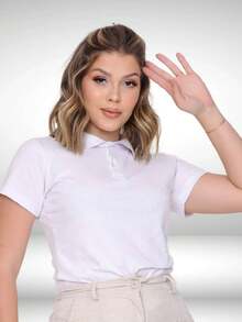 Polo Neck Blouse With Short Sleeves And Functional Buttons For Women - trắng - Xem 3