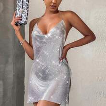Sexy Silver Metal Party Short Dresses Woman Shiny Chainmail Dress Backless V Neck Halter Evening Bodycon New In Stylish - 粉色 - 查看 4