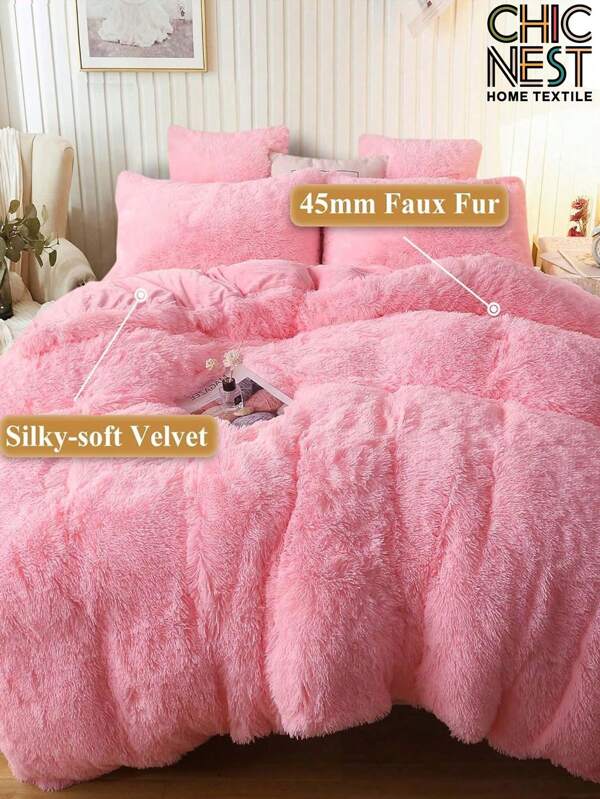 3pcs/Set Pink Fluffy Plush Shaggy Duvet Cover Set, Luxury Soft Furry Solid Color Comforter Cover Set Bedding For Girls Women Bedroom Fuzzy Quilt Cover Zipper Closure (1pc* Faux Fur Duvet Cover + 2pcs* Faux Fur Pillowcase, No Pillow Core) King Queen Full Twin Size