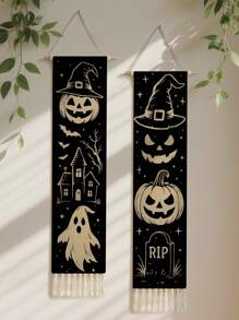 1Pc Gothic Wall Hanging Tapestry With Tassels – Witch Hat Pumpkin Ghost Banner For Spooky Aesthetic Home Decor, Haunted House RIP Grave Wall Art For Door Porch Living Room
