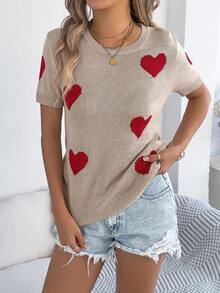 Spring Summer Valentine's Day Casual Resort Chic Heart Pattern Short Sleeve Knit Women T-Shirt Top - 卡其色 - 查看 1