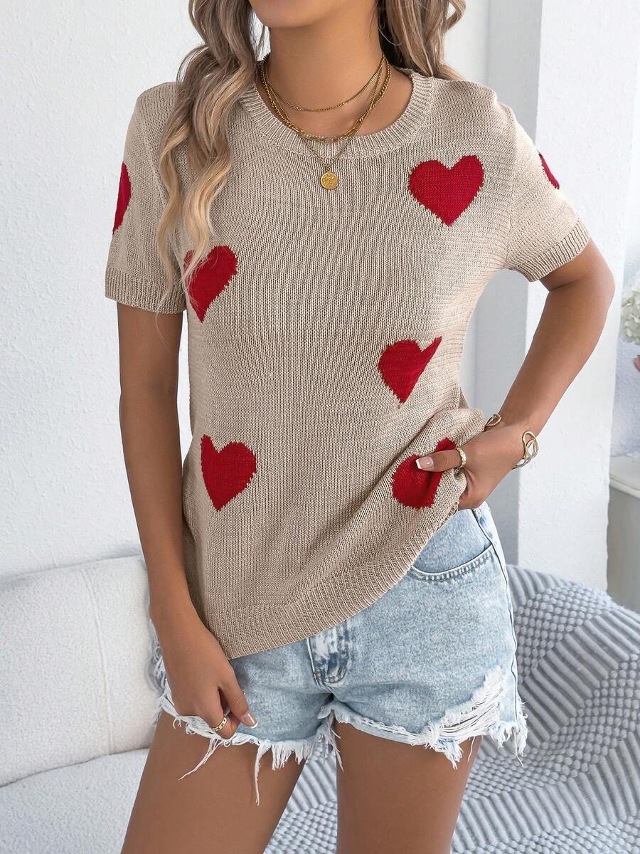 Spring Summer Valentine's Day Casual Resort Chic Heart Pattern Short Sleeve Knit Women T-Shirt Top - 卡其色 - 查看 1