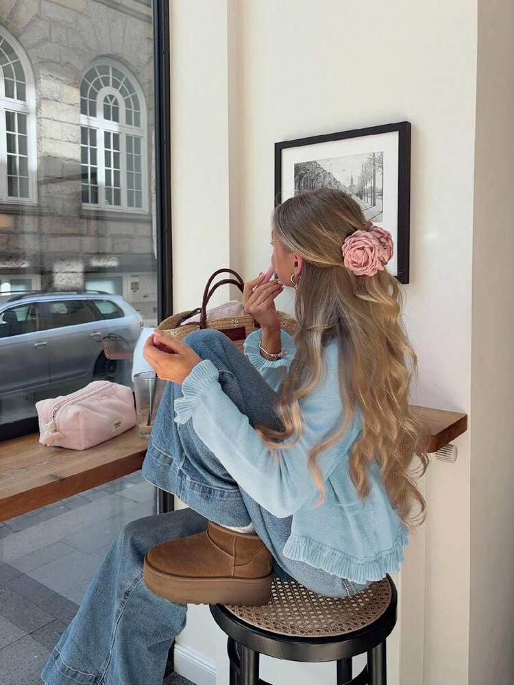 Senya Chic レッド 長袖ニットカーディガン、ボタンフロント、ラッフル