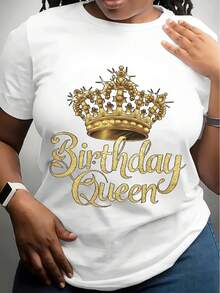 Women's Birthday Queen Graphic T-Shirt - White Casual Round Neck Tee With Glitter Golden Crown & Text Design, Breathable All-Season Comfort, Machine Washable Standard Fit For Parties & Casual Attire, Ladies T Shirts, Party Wear, Celebratory Attire, Comfortable Fit Shirt, Birthday Celebration, Lively Design, Soft Material, Fashion Lovers - 白色 - 查看 1