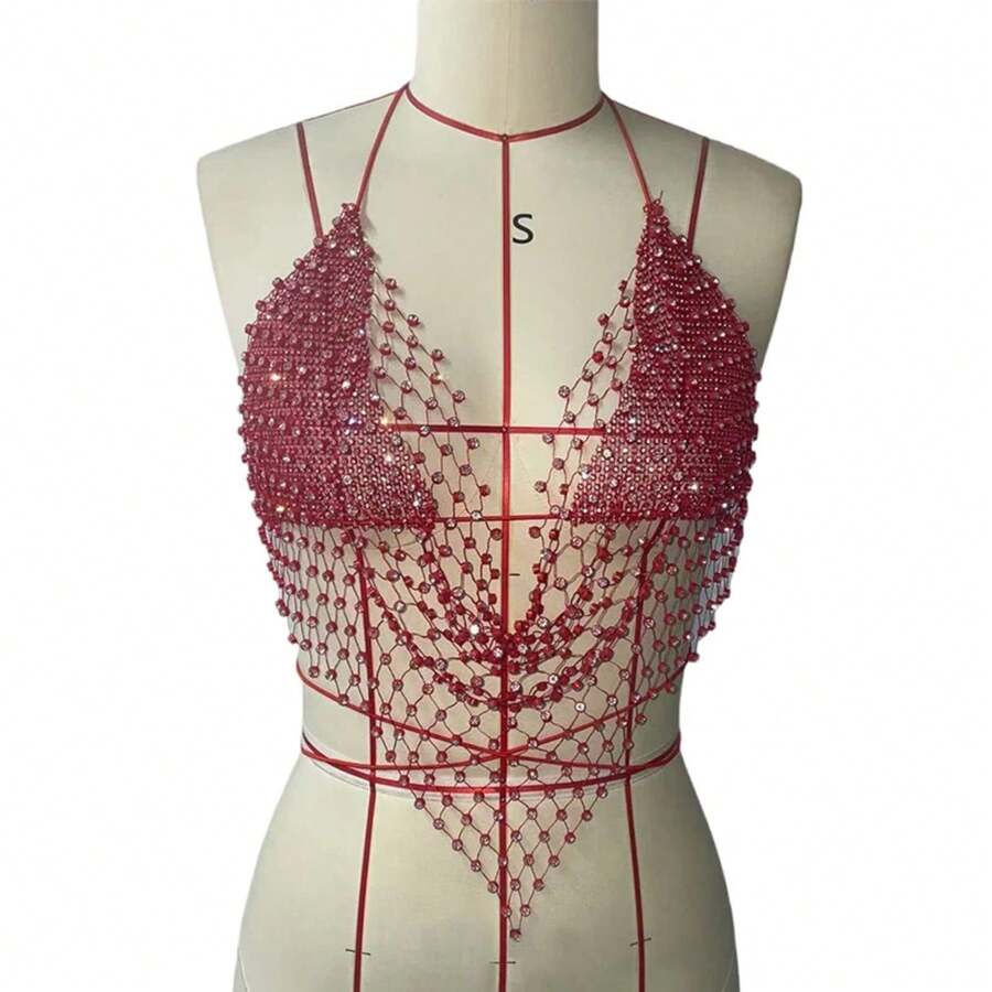 Modisches glänzendes Strass-Rückenfreies Camisole für Frauen Sexy Ausgeschnitten Durchsichtig Tiefer V-Ausschnitt Halterneck Crop Top Party Tanktop