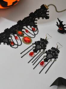 1 套 3 件哥特式复古设计微镶嵌红色仿宝石吊坠蕾丝颈链、流苏耳环套装，适合万圣节派对和宴会