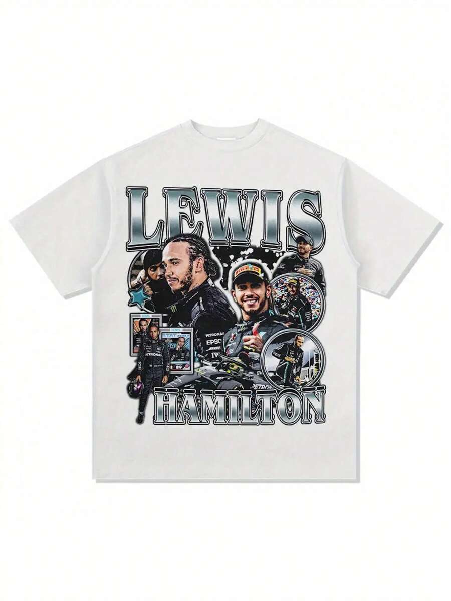 2025 New Hamilton Lewis F1 Vintage Print Fashion Loose Cotton Men And Women Short Sleeve T-Shirt - White - View 1