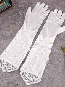 1 Par de Guantes de Novia de Encaje y Satén Personalizados, Bordados a Medida, Guantes de Encaje Blanco Personalizados para Ópera y Fiesta, Elegante Disfraz de Princesa, Guantes de Novia para Boda