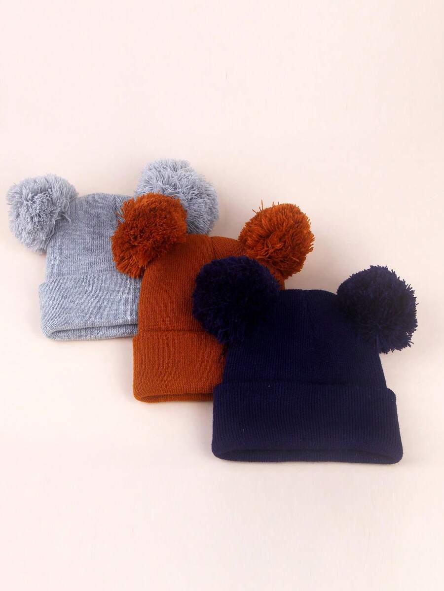 3pcs Baby Kids Knitted Double Pom-Pom Earflap Beanie Hats, Thin Warm Solid Color Versatile Knit Caps For Spring Autumn Winter - 彩色 - 查看 1