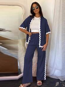 Wellenschnitt-Hosen-Sets für Frauen, lockere Revers-Kurzarmhemden, einreihige Hemden, lässige weite Hosen, Sommer-Outfit für Damen