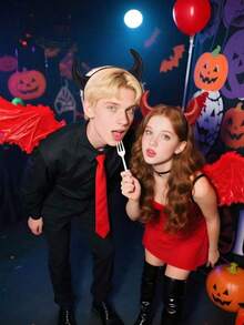 闪亮魔鬼角头带，红色魔鬼角服装，适合女性、男性和女孩，万圣节化装舞会角色扮演头带，不给糖就捣蛋万圣节头饰，黑暗小恶魔角万圣节 ABS 塑料（ABS 树脂） - 彩色 - 查看 2