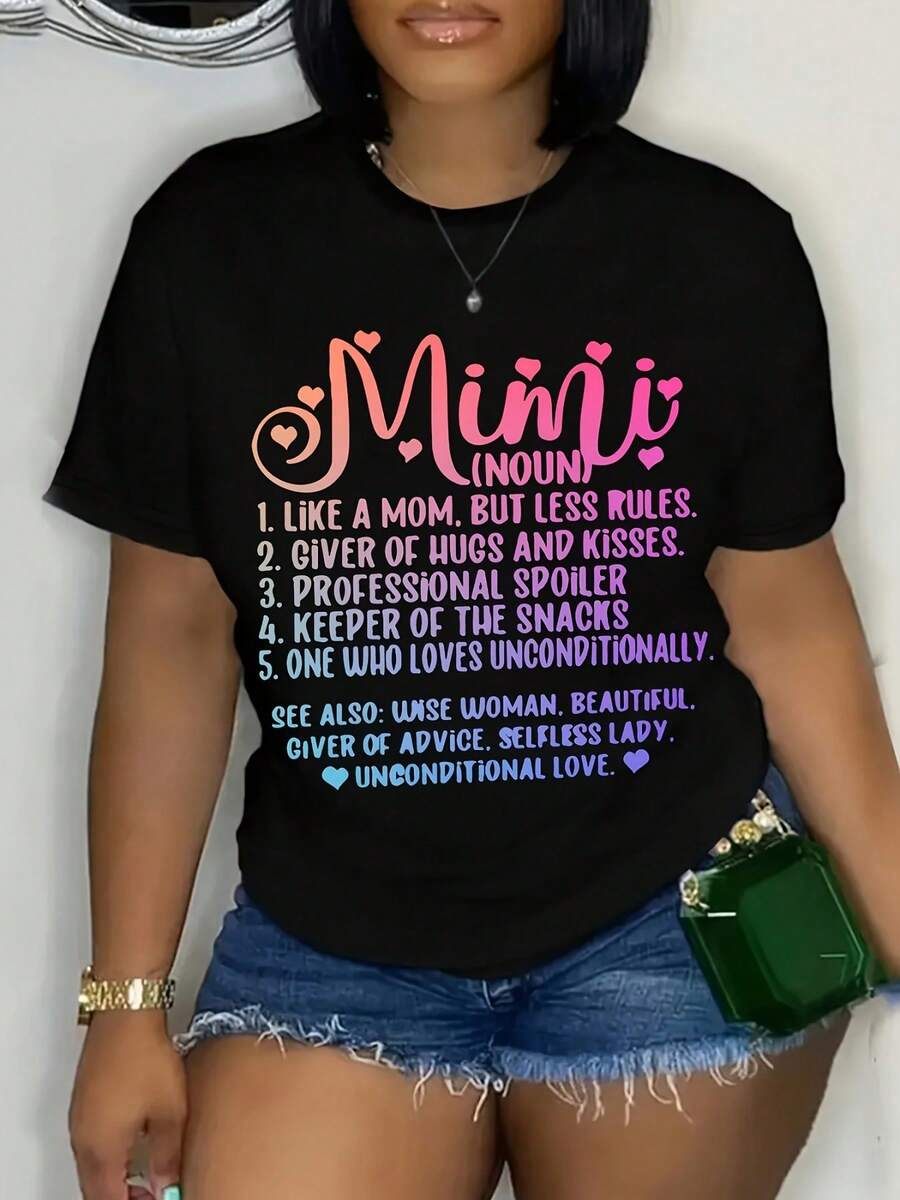 Stylish Plus Size Mimi Print T-Shirt - Short Sleeve Crew Neck Casual Top For Spring & Summer - Comfortable Women's Plus Size Clothing For Curvy Figures - 黑色5 - 查看 1