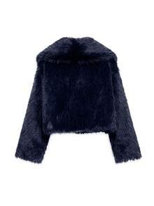 Camellia New Autumn/Winter Faux Fox Fur Collar Fashionable Short Jacket, Youthful Artificial Fur Coat - Navy - View 5