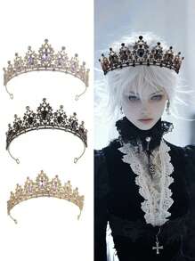 1 件复古深色风格万圣节水晶皇冠，适用于婚礼面纱、发髻发型、公主生日派对、表演服装配饰、化妆舞会、万圣节、圣诞节、角色扮演、冠冕、头饰、发环、头花环、发藤、头饰、发圈、金皇冠、万圣节发饰、金色头饰、万圣节头带、圣诞礼物、皇冠