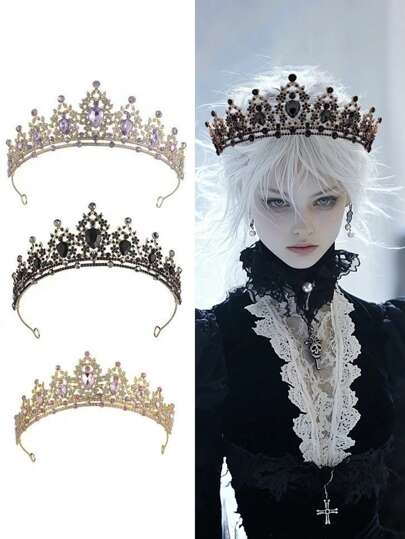 1 件复古深色风格万圣节水晶皇冠，适用于婚礼面纱、发髻发型、公主生日派对、表演服装配饰、化妆舞会、万圣节、圣诞节、角色扮演、冠冕、头饰、发环、头花环、发藤、头饰、发圈、金皇冠、万圣节发饰、金色头饰、万圣节头带、圣诞礼物、皇冠