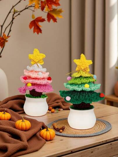 Handmade Christmas Tree Potted Plant Crochet With Gift Box And Wooden Tag,Unique Hand-Crafted Gift For Home And Office Desk Decor, For Teacher, Coworker, Mom, Sister, Friend Christmas Tree Potted Plant: Knitted Christmas Tree For Family Friends Classroom Home Office Decor Christmas Decoration And Oornament