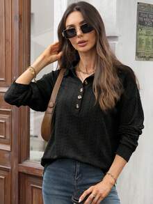 Damska koszulka polo z guzikami i dekoltem w serek, elegancka i modna, do pracy w biurze, z długim rękawem, na co dzień, jesień/zima - Czarne - Zobacz 2