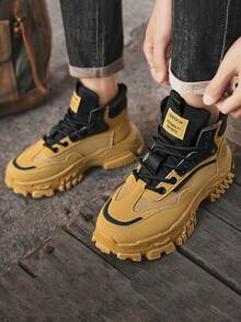 Botas de trabajo y senderismo para hombre, nuevas botas de trabajo de caña alta, adecuadas para actividades al aire libre, diseño con suela gruesa y elevada, zapatillas deportivas informales para estudiantes, botas de piel de caña media, vacaciones y viajes al aire libre. Zapatos de caña alta de moda urbana, botas de senderismo para actividades al aire libre, botas de moto informales y elegantes. - Caqui - Ver 6