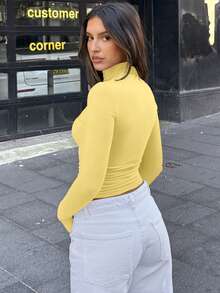 Camiseta de manga larga con cuello alto de unicolor casual Y2K para mujer, otoño