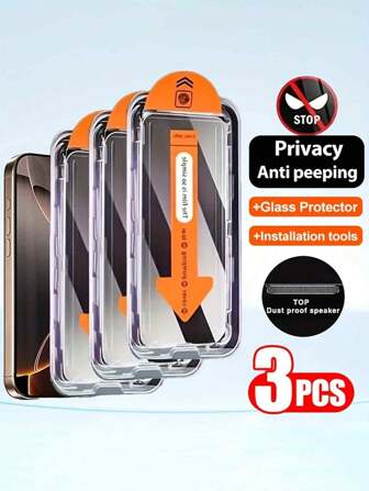 3pcs Tempered Glass Privacy Screen Protector For IPhone 17/17 Air/16 Pro Max/16E/15/14/13/12/11/16/15 Pro Max/Plus/X/XS/XR/XS Max - Easy Install, Dust-Free, Anti-Spy, High-Definition Glossy Finish, Screen Protectors For IPhone