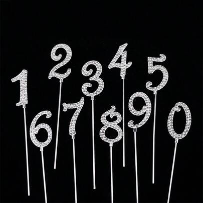 1 件/10 件 0-9 合金水钻金银色数字蛋糕装饰适用于生日装饰婚礼数字蛋糕装饰