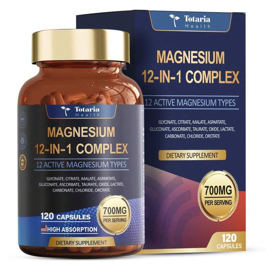 Totaria 12-In-1 Magnesium Complex 700mg - Premium Blend With Glycinate, Citrate, Malate, Oxide, Taurate, Aspartate & Orotate | Vegan Capsules For Muscle Function, Heart Health & Relaxation Support - 1 - 查看 1