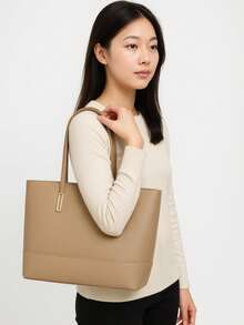 Classic Work Tote Bag Stylish Large Capacity PU Leather With Multiple Compartments - 卡其色 - 查看 3