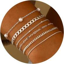 MBW Gold Bracelets Women, Dainty 14K Gold Plated Bracelet Stack Beaded Chain Bracelet Set Thin Small Cute Paperclip Bracelets Fashion Waterproof Jewelry Gold Accessories Women - MB-BR-11-BR3 - 查看 1