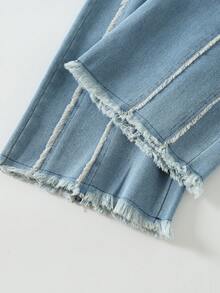 Timzgo Calça jeans desgastada para meninas, calça infantil com franjas e pernas largas, calça casual solta e reta com cós elástico e bolsos para meninas, adequada para uso diário e escolar - Baby Azul - Ver 7
